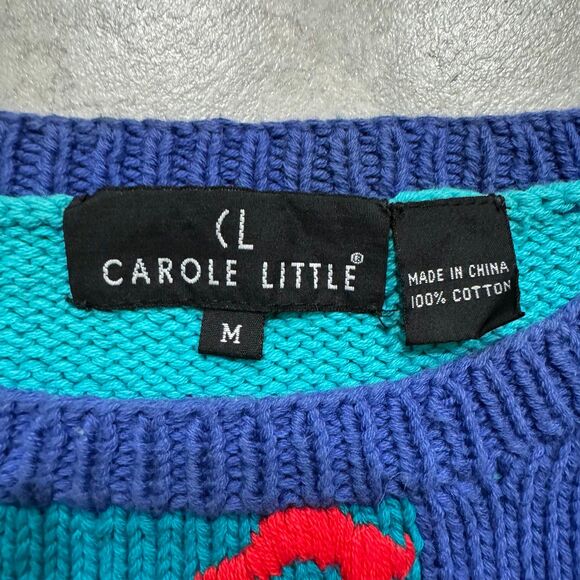 VINTAGE 80s Carole Little Colorful Floral Handknit Short Sleeve Cardigan Sz M - Picture 2 of 8